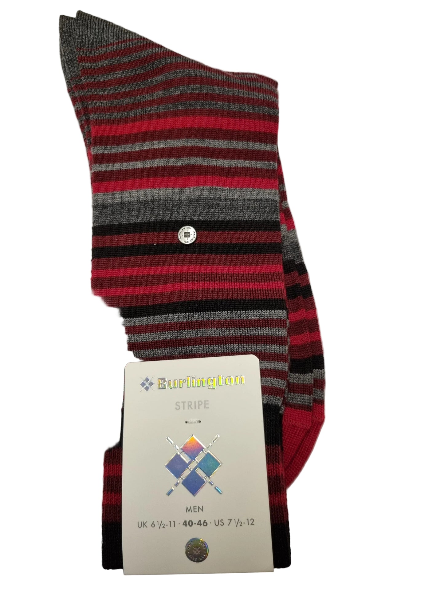A pair of Burlington striped crew socks with red, gray, and black horizontal stripes, featuring a white paper tag with product details, placed on a white sheet of paper over a wooden surface.