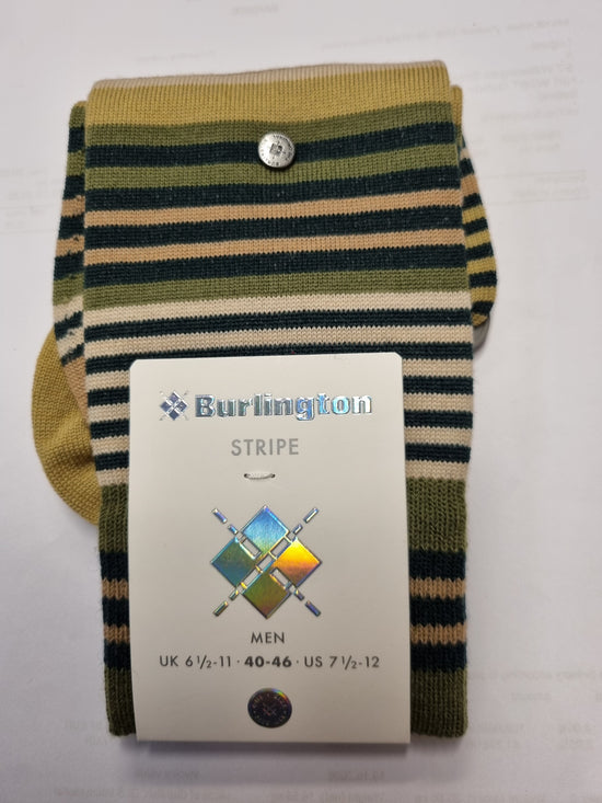 A folded pair of striped knit socks with a white paper tag attached. The socks feature vertical stripes in olive green, black, and beige.