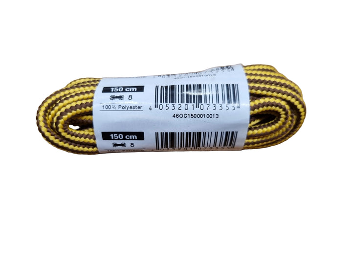 A coil of yellow and dark brown striped polyester rope with a white paper label, placed on a wooden surface.