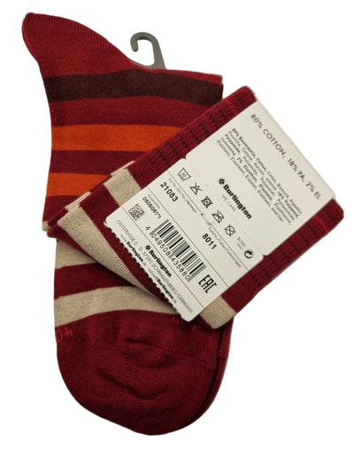 A pair of striped knit socks with red, beige, orange, and dark brown vertical bands, shown with their paper tags attached on a white background.
