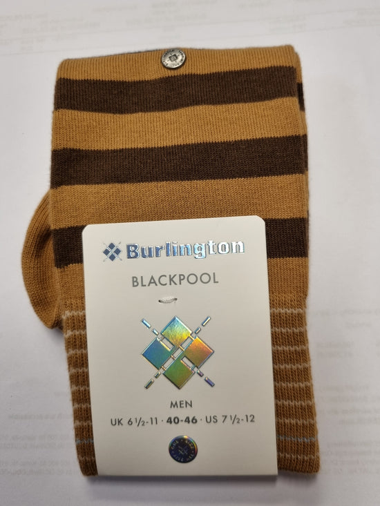 A pair of Burlington Blackpool men's socks with brown and mustard yellow horizontal stripes, folded with a white paper brand tag attached.