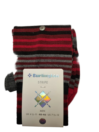 A pair of men's striped socks with red, black, and gray horizontal stripes, featuring a white paper tag attached that reads 'Burlington STRIPE' and shows size information for men.
