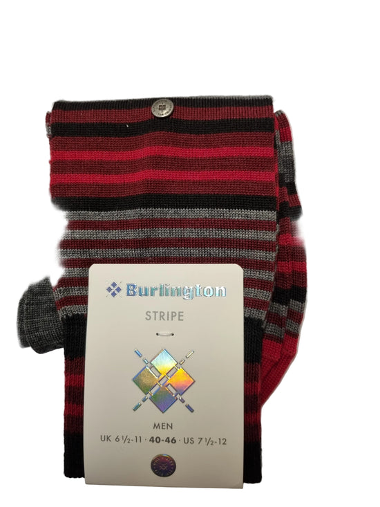 A pair of men's striped socks with red, black, and gray horizontal stripes, featuring a white paper tag attached that reads 'Burlington STRIPE' and shows size information for men.
