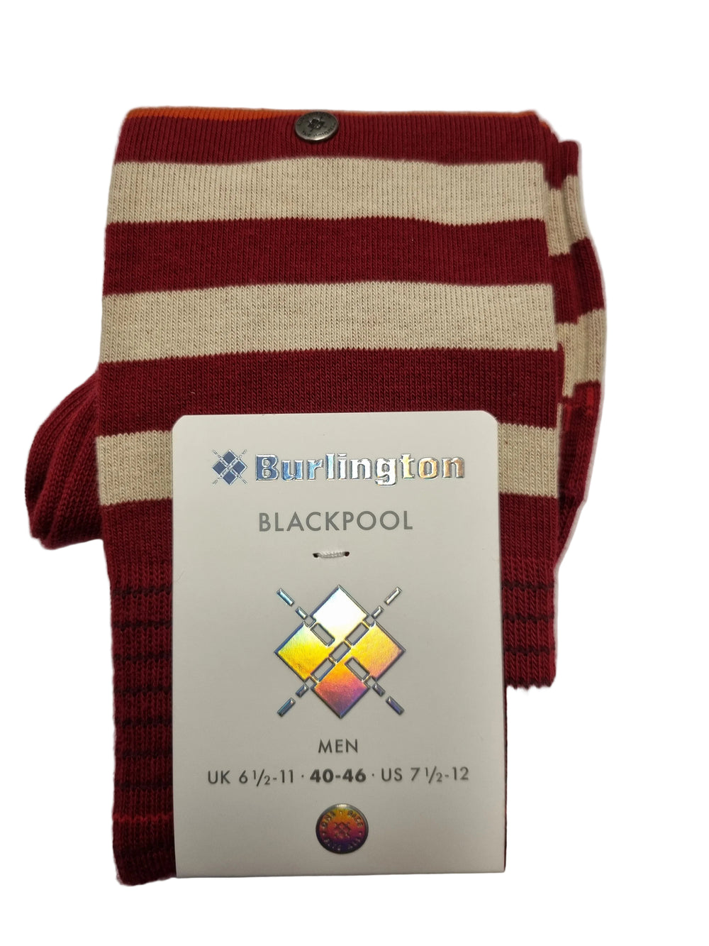 A folded knit scarf with horizontal stripes in dark red and cream, featuring a white paper tag attached on the left side. The tag is branded 'Burberrys' and reads 'BLACKPOOL'.