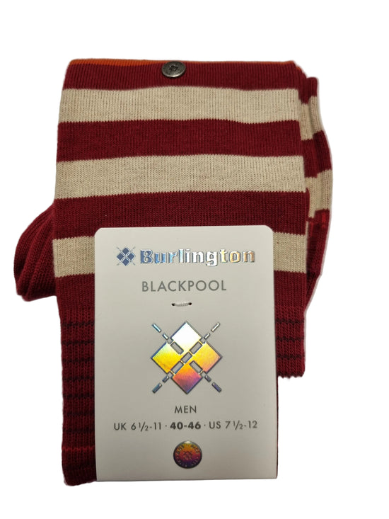 A folded knit scarf with horizontal stripes in dark red and cream, featuring a white paper tag attached on the left side. The tag is branded 'Burberrys' and reads 'BLACKPOOL'.
