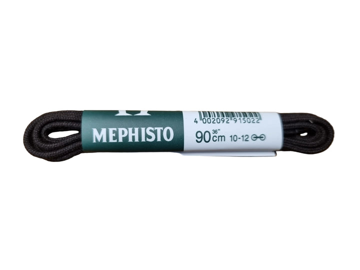 A coiled black rope or cord with a green and white paper label reading 'MEPHISTO 90 cm 10-12 e', placed on a wooden surface.